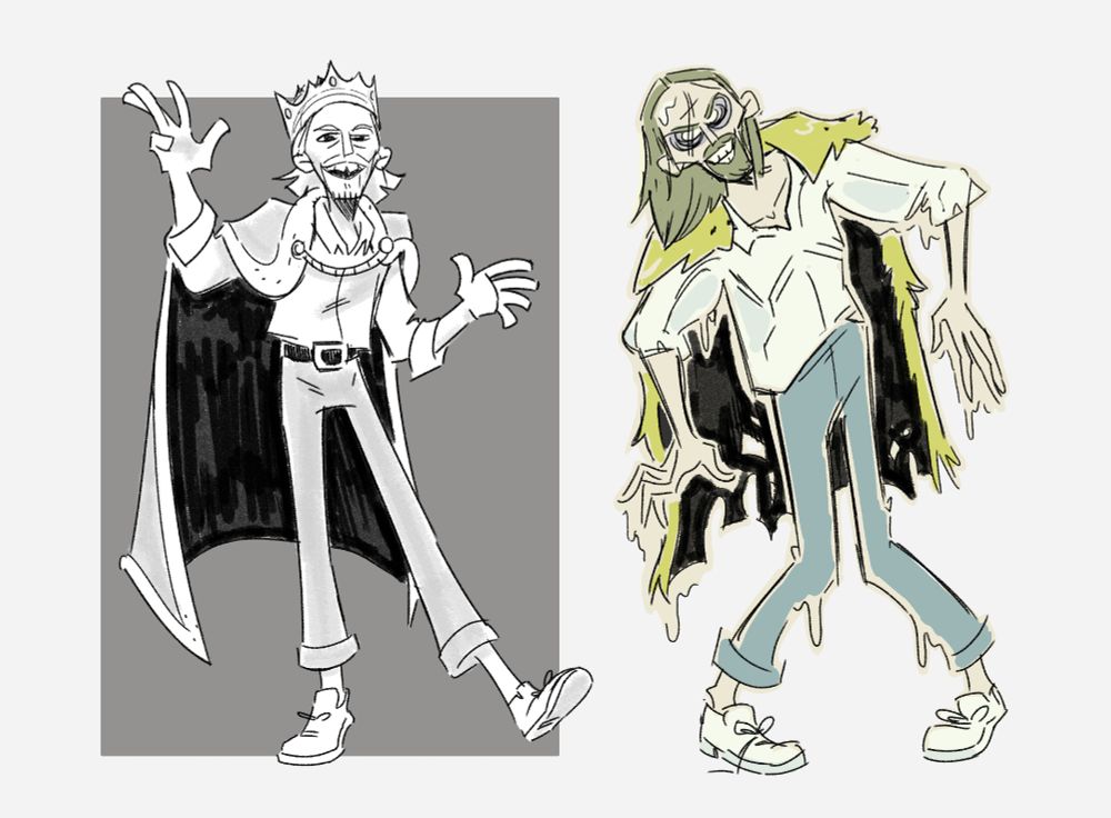 On the left: a grayscale version of the King of Limbs, a baddie from the Bone Squad D&D campaign. A thin dude with shoulder-length hair and wonky teeth, he resembles Thom Yorke in the Radiohead music video for Lotus Flower, with a crown and cape atop a white collared shirt and cuffed pants.

On the right: A colored version of the King of Limbs as he appeared in the Teen Topia one-shot. Emaciated, slimy, with hollow eyes. His crown is missing and his cape is tattered.