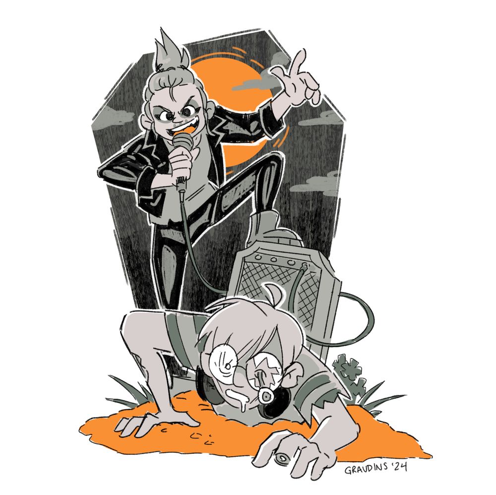 A drawing of Alex’s OCs Greg and Zee, dressed up for Halloween as a zombie, emerging from the ground, and skeleton-themed singer, respectively. The tombstone behind Greg doubles as an amp, which Zee has a boot propped up on for a more dynamic pose as she sings into a mic connected to it. The drawing is mostly in shades of gray and black with splashes of orange in the moon and dirt.