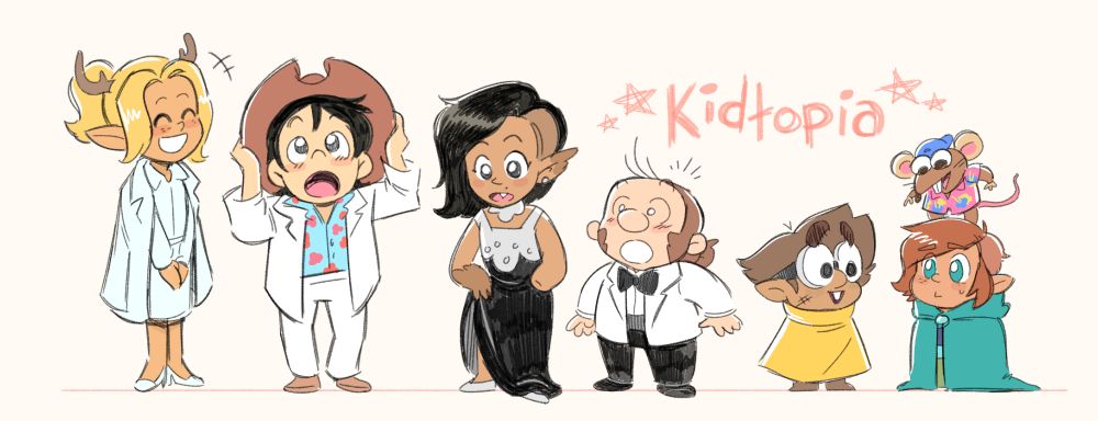A lineup of our D&D group, the Bone Squad, in chibified forms. The title “Kidtopia” is scribbled above. Lil Darsi has smaller antlers and wears Claire Dearing’s Jurassic World outfit. (A white blouse, skirt, and coat hung around the shoulders.) Lil Jonathan is Havannah Daydreamin’ Jimmy Buffet style—a white suit with a blue Hawaiian shirt underneath. And signature cowboy hat, of course. Lil Piper has on a black met gala dress and Robertcat wears a white tuxedo. (They misunderstood the dress code.) Lil Noname and Rollo are wearing their usual outfits of a yellow poncho and big green cloak. Lil Tom stands on Rollo’s head, wearing a pink, blue, and yellow Hawaiian shirt.