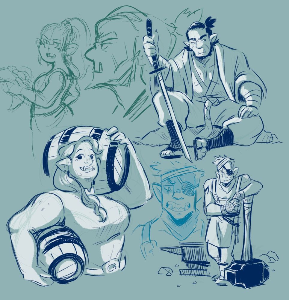 Orcs of varying designs sketched onto a blue-green-gray backdrop. One dons samurai garb with dark hair pulled back into a tiny ponytail, casually sitting on a rock with his katana in hand. A profile sketch of the same orc is overlaid in the back, next to an unrelated orc woman with a high ponytail, holding a piece of paper and looking over her shoulder with an annoyed expression. A more muscular woman on the bottom left carries one barrel on her shoulder and another under her arm, her long hair pulled back into a loose braid that cascades down her breast. To her right is a sketch of a narrower orc man, with a scar over his left eye, an eye patch, and a bandage over short white hair. He leans against a large, person-sized hammer in front of an anvil, with a sketch behind him showing off his large shark-like teeth.