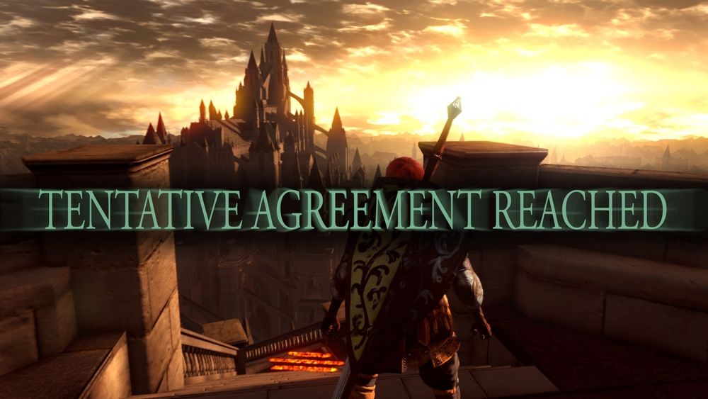 A Dark Souls screenshot with a fake banner reading "Tentative agreement reached"