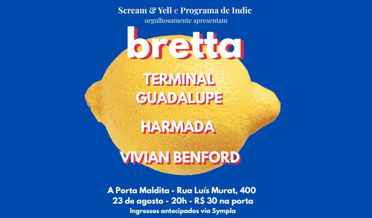 Cartaz da festa bretta, com shows de terminal guadalupe, harmada e vivian benford na porta maldita, no dia 23/8