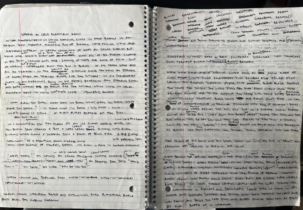 Two pages in a spiral-bound notebook, covered in handwritten scrawl