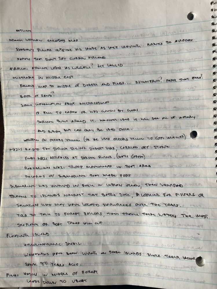 handwritten outline in a spiral-bound notebook. paper shows signs of water damage