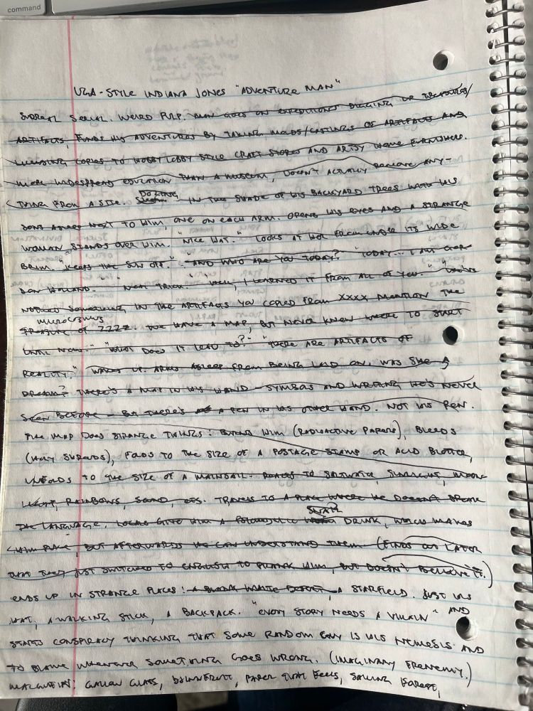 handwritten text in a spiral-bound notebook, with most of the lines crossed out