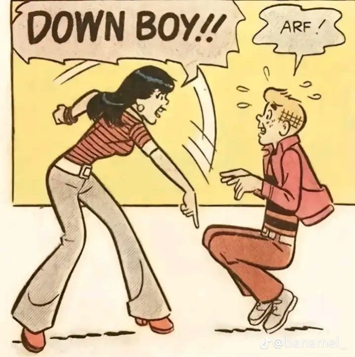 "Down Boy!!" "Arf!" is a redraw meme format based on a panel from an issue of an Archie Comics publication that shows the character Veronica Lodge yelling, "Down boy!!" at Archie and pointing to the floor while he obeys, shown in mid-sit saying, "Arf!" like a dog. 

Caption alt quote text taken by KnowYourMeme.com