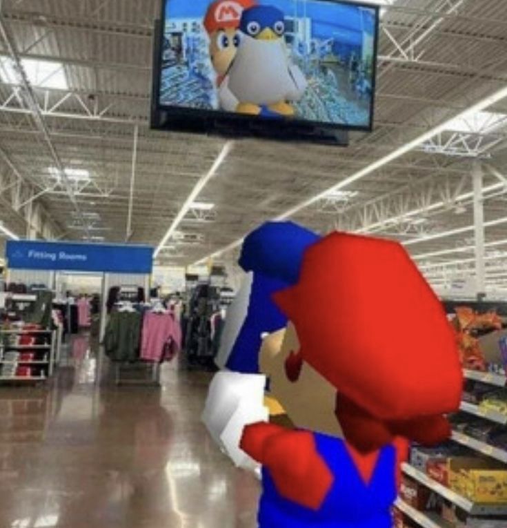 Super Mario 64 render on Mario and a baby penguin in a Walmart on the security camera 