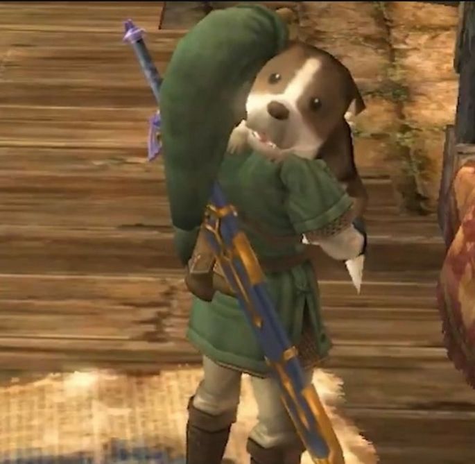 Screenshot of link holding a dog in Twilight Princess for the Game Cube 