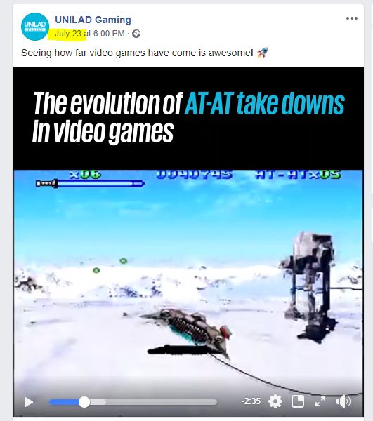A screenshot of a Unilad video, about the evolution of the AT-AT takedown sequence in video games. Uploaded July 23, 2019.