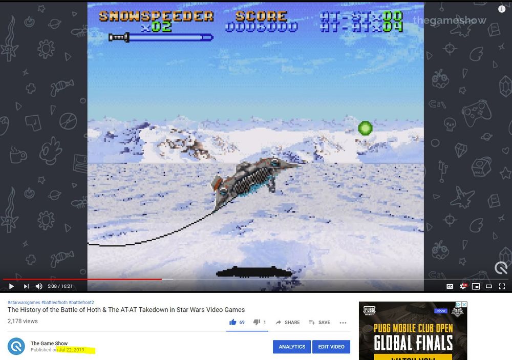 A screenshot of an (old) video of mine, about the evolution of the AT-AT takedown sequence in video games. Uploaded July 22, 2019.