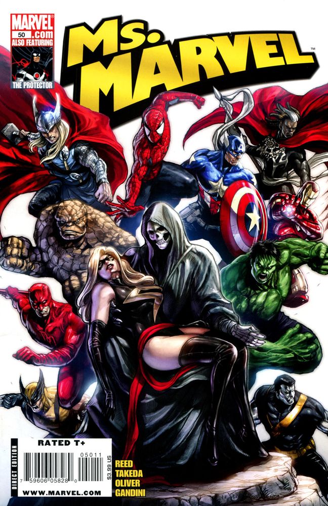 Ms Marvel #50. The cover features Carol Danvers, cradled in the lap of The Grim Reaper. In a simultaneous homage to both "The Death of Captain Marvel" and Michelangelo's Pieta.
