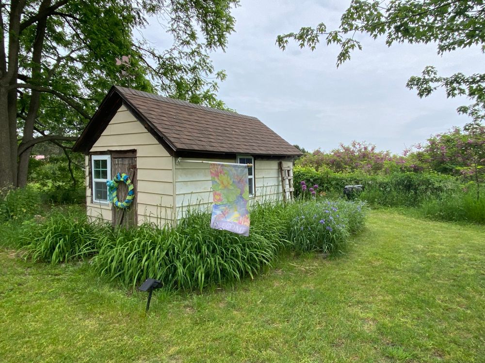 Small potting shed surrounded by day lilies 