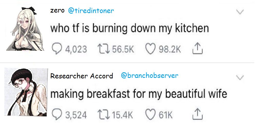 An image of Accord from Drakengard 3 making a tweet saying "making breakfast for my beautiful wife", then above it another tweet by Zero from Drakengard 3 saying "who tf is burning down my kitchen"