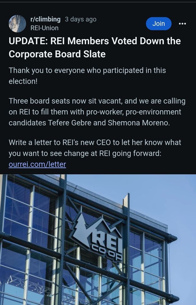 Screenshot of a r/climbing thread. Text reads: Update REI members voted down the corporate board slate. Thank you to everyone who participated in this election!
Three board seats now sit vacant and we are calling on REI to fill them with pro-worker, pro-environment candidates, Tefere Gebre and Shemona Moreno. Writea letter to REi's new CEOto let her know what you want to seechange at REI going forward.http://ourrei.com/letter 