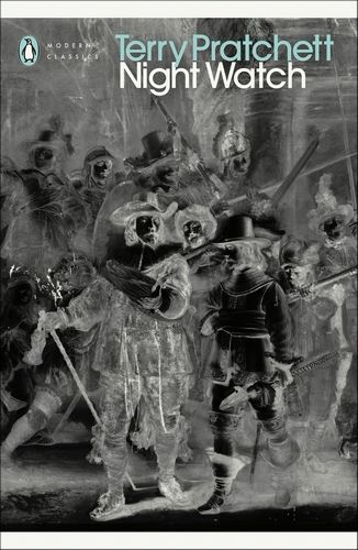 An ugly Penguin Classics book cover for Night Watch by Terry Pritchett. The scene is a painting of Guy Fawkes put, inscrutably. through an infrared filter. The author’s name is pasted over in a light teal which is hard to read over the grey painting, and overlaps unfortunately with the book title, itself set in an inappropriate sans-serif font.