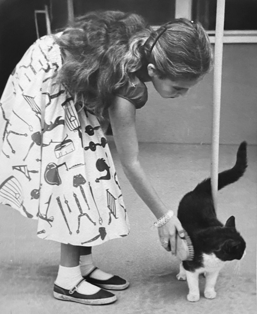 Black and white photo of a young girl with long hair, leaning down to run an oval, wooden brush across a shorthaired black tuxedo cat. 