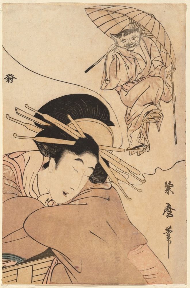 Woodblock print of a Japanese woman in elaborate hair decorations who has nodded off to sleep. In a dream bubble over her head in the vision of an anthropomorphic cat in a kimono, prancing with a parasol.