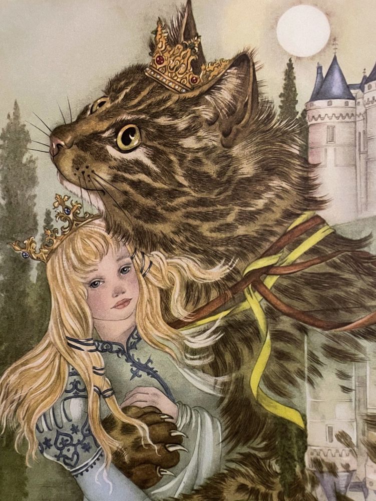 Highly detailed color illustration of a gigantic medium haired brown tabby cat, hugging a pretty white blonde girl wearing a fancy light blue gown and gold crown. They are outside and a white castle is visible in the back.