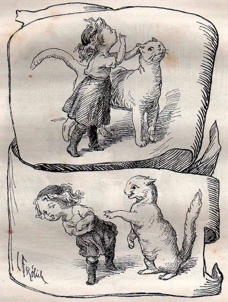 A two part black ink illustration. In the first you see a young white. child seeming to grab onto the ear of a large shorthaired white cat. In the second panel the child appears to be reeling because the cat has smacked it across the face with its paw.