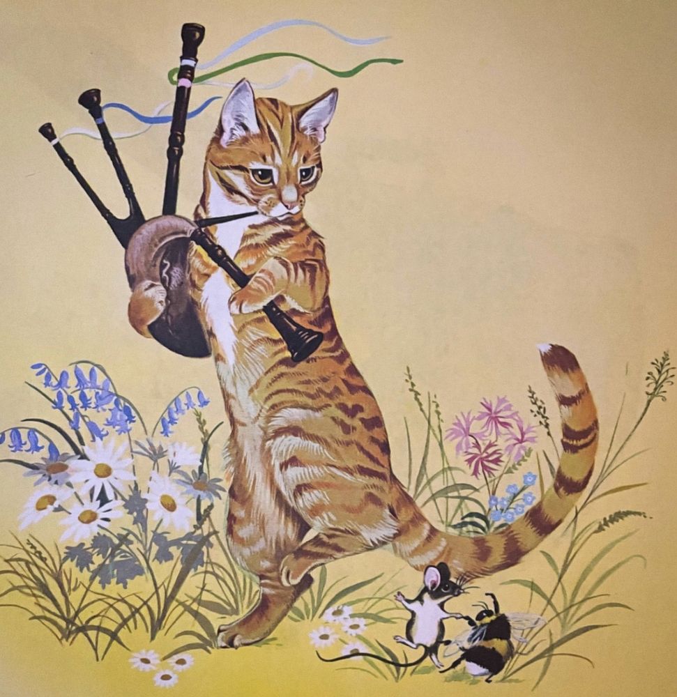 Colorful illustration of a shorthaired ginger tuxedo tabby up on its hind legs, dancing amongst some wildflowers and playing bagpipes. On the ground beside him a mouse and large bee are dancing together.