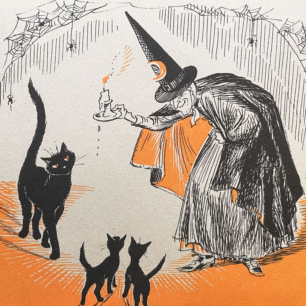 Ink illustration of a stereotypical with cape and point hat, holding up a candle to illuminate a shorthaired black cat and two shorthaired black kittens. The witch looks very kind and happy.  