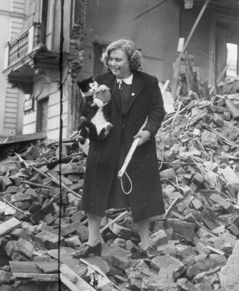 Black and white photo of a laughing young white woman with curly blonde hair. She is descending a gigantic pile of building rubble holding a lasso and an unhappy white and black cat. She’s doing all this while wearing a dress and dress shoes.