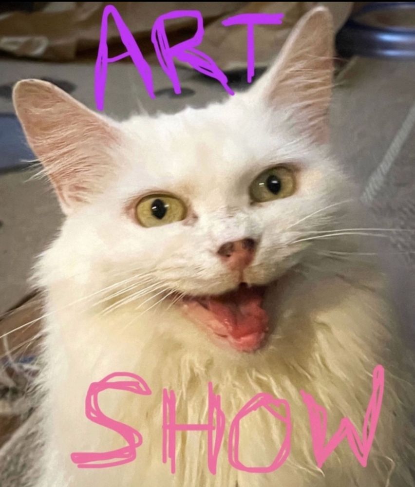  Photo of my fluffy white cat Francie meowing at the camera with her little pink, toothless mouth open looking like the cutest lil gremlin. The words art show are written in sloppy digital crayon above and below her face.