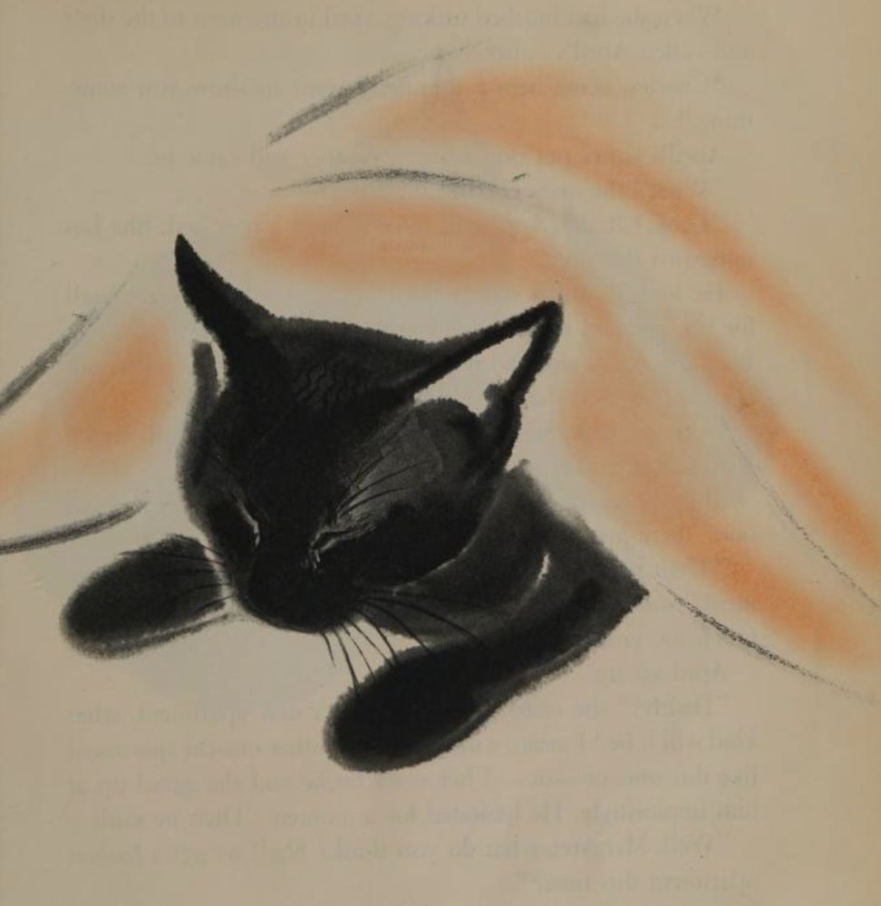 Watercolor painting of a shorthaired black cat sleeping peacefully, tucked under a light orange blanket. Very simple yet expressive ink wash style painting.