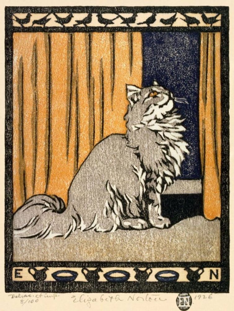 Color woodcut print of a fluffy grey tuxedo cat with golden eyes, sitting up in front of a golden curtain. The top border of the image is decorated with the silhouettes of little birds and the cat appears to be looking up at them. The bottom border is a pattern of alternating cream pitchers and dishes.