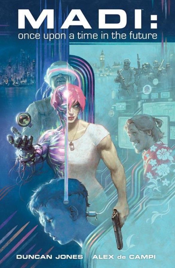 graphic novel cover for MADI: once upon a time in the future by Duncan Jones and Alex de Campi.

Blue and teal dominate and we see a strong pink haired woman holding a pistol in her left hand, her right arm cybernetic-ally enhanced. The head of a child in profile below shows them jacked into a computer interface via their neck, a long haired man in Hawaiian shirts smiles in the background while further updates a crew of armed pals looks on.