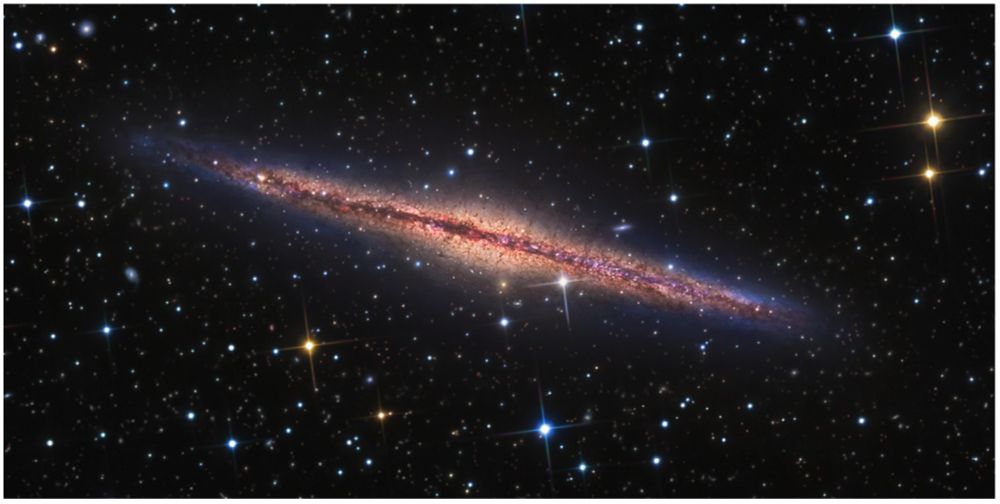 This deep image of NGC 891 reguired over 34 hours of exposure. A tremendous amount of galactic cirrus was also captured with this image but supressed for this traditional view. Numerous far more distant galaxies can also be seen in this picture.



