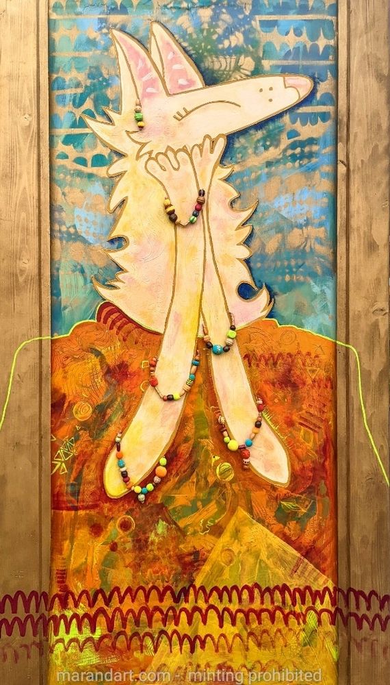 A cream colored simplified coyote figure touches her own chin with glee. She is wearing an abstracted robe of oranges and red paint smears. Around her long arms are literal beads attached to the surface.