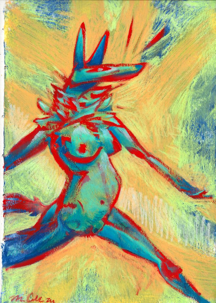A red, blue, and mint green stylized anthropomorphic coyote woman bounds across the page. She looks a little pregnant. 