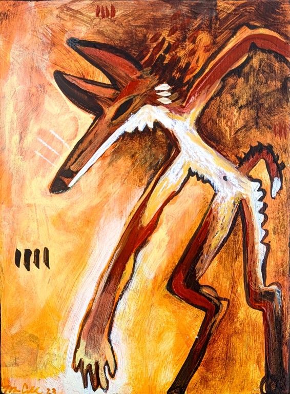 Cave-art inspired painting of anthropomorphic maned wolf