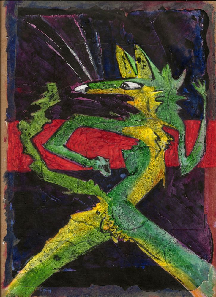 A stylized anthropomorphic coyote figure in yellow and green strides to the right, looking over their shoulder with an alarmed look. Their little fuzzy dick and balls are barely visible. 