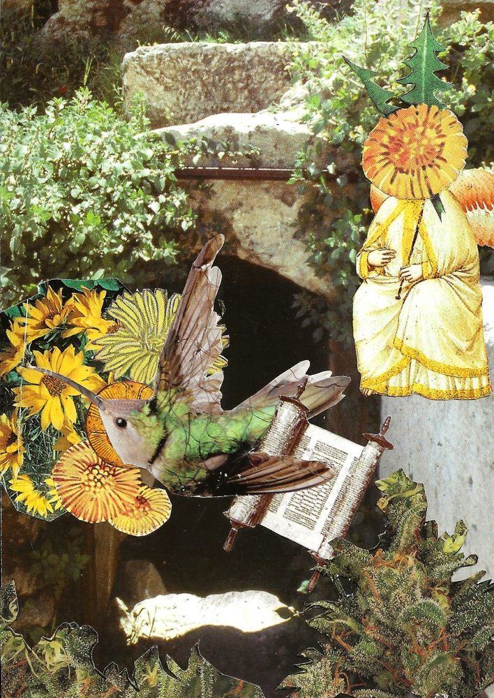 Set against a photograph of Jesus's tomb in full sun, a hummingbird clutching a holy text in its wing flutters out, haloed by a regular halo but also golden flowers. An angel with a dandelion bloom for a head watches over them. In the corner, marijuana buds sprout from the ground. 