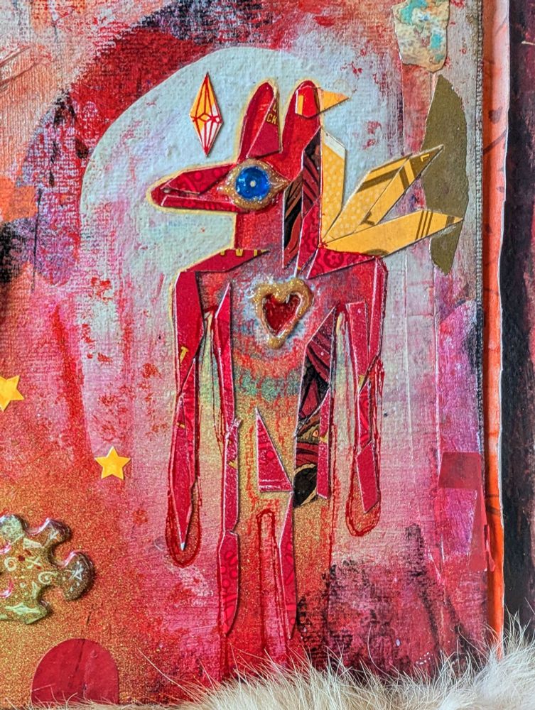 The figure from the cover, a red dogman in collage and paint 