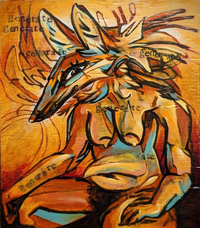 A sketchy coyote figure in bronzes and teals 