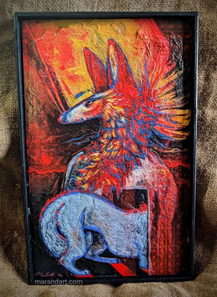 An anthropomorphic canine figure stands bold in primary colors while a grey wolf slinks into a doorway within them.