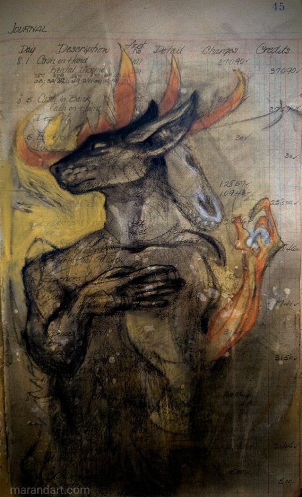 An anthropomorphic black sphynx man rests a hand on his chest and looks stage left while a fiery monster shape, vague, hovers behind him