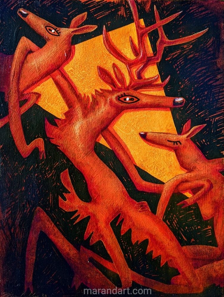A painting of three anthropomorphic stylized deer in red: a stag kneels in the center, holding onto two does at other ends of the composition 