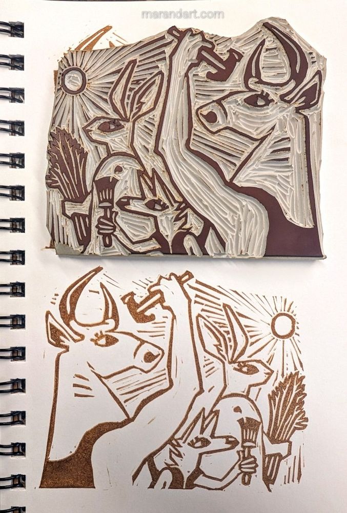 A linoleum block featuring a bull, hare, and coyote all holding a hammer, bundle of food plants, and a paintbrush, all facing the same direction towards a rising sun