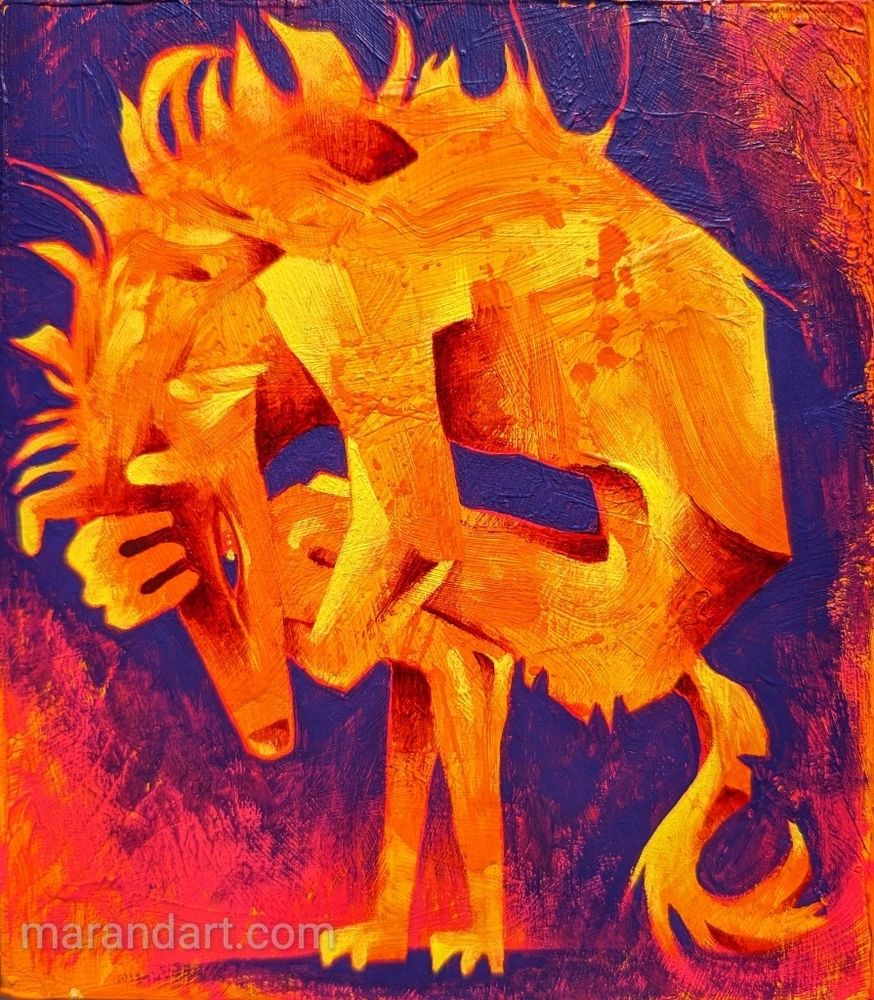 A stylized anthropomorphic borzoi dog in a curled position balanced on two skinny feet, painted in bright orange red and purple