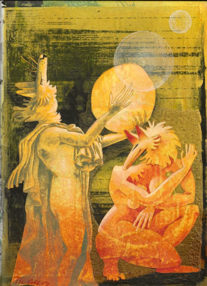 Two figures, one draped in cloth and holding a rough glowing sphere aloft, bask in the warmth of the yellow, olive, and rusty orange color scheme. 