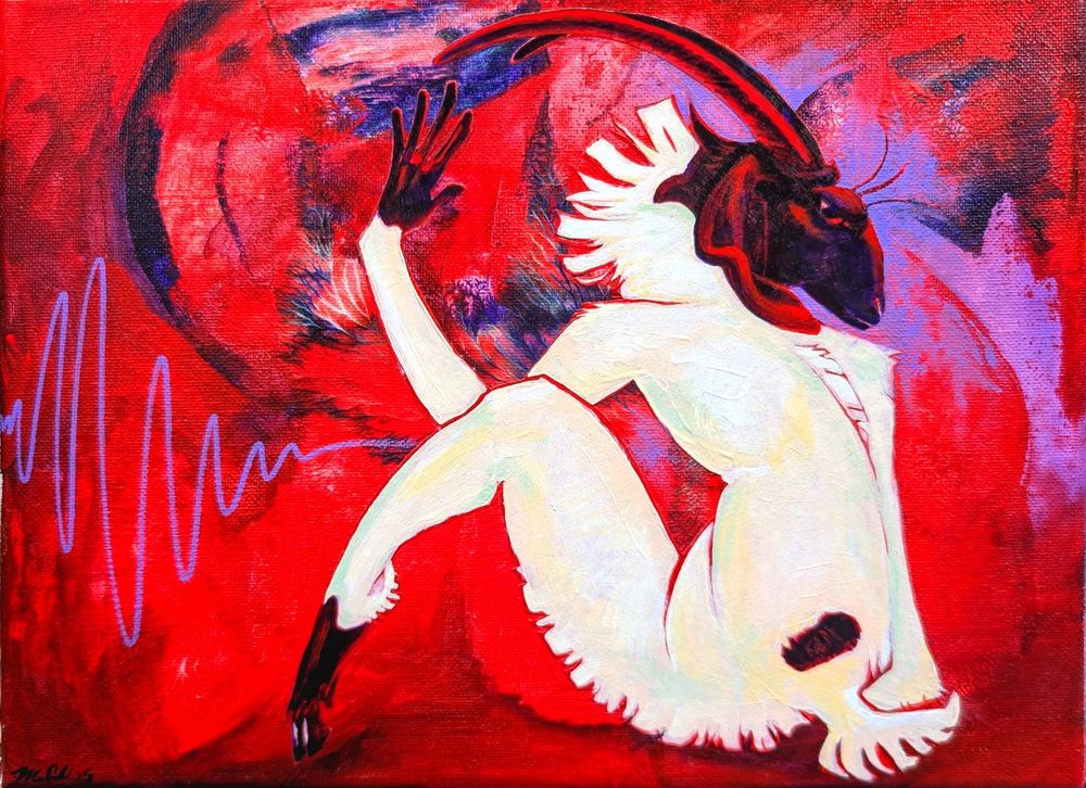 A moody painting of an anthro boer goat on a vibrant red and violet abstract field