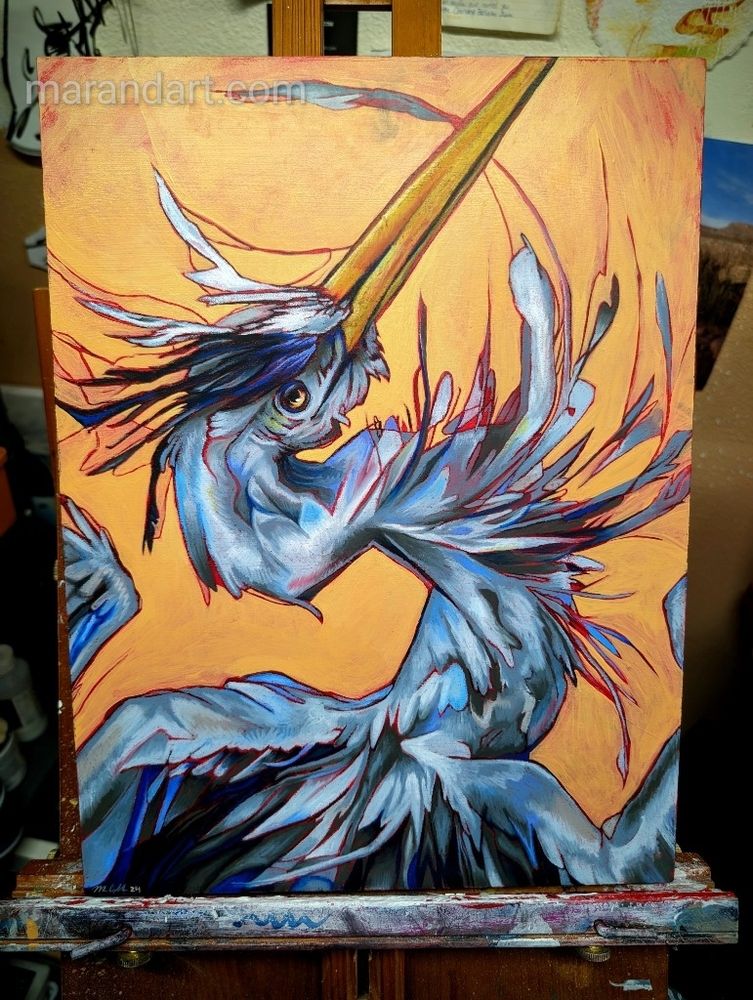 A stylized and energetic portrait of a great blue heron on a gold background in pastels