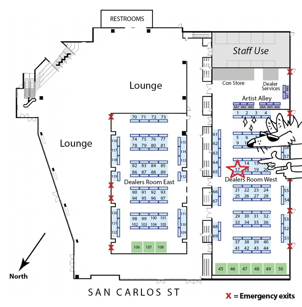 A map of the dealers areas for Further Confusion 2024, table 17 has a star around it and a coyote in cool sunglasses pointing to it.