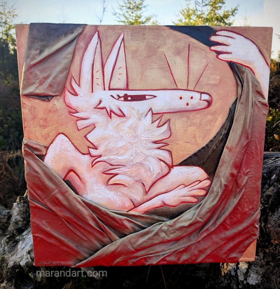 A painting: a stylized anthropomorphic coyote watches you carefully as she wraps a cloth around herself. It's a real cloth on the canvas, giving it depth. 
