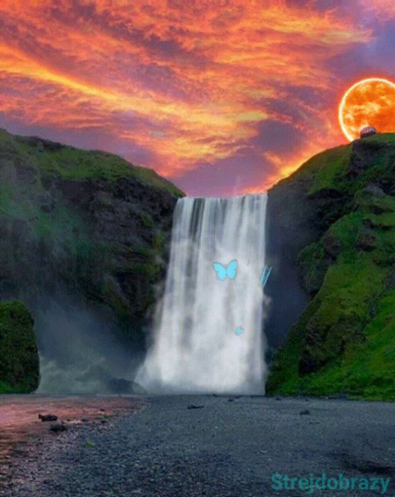 a waterfall with a full moon in the background and the words strejdobrozy on the bottom