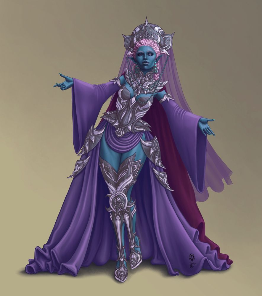A blue-grey skinned dark elf in fantastical garb with flowing purple fabric and reflective armor 